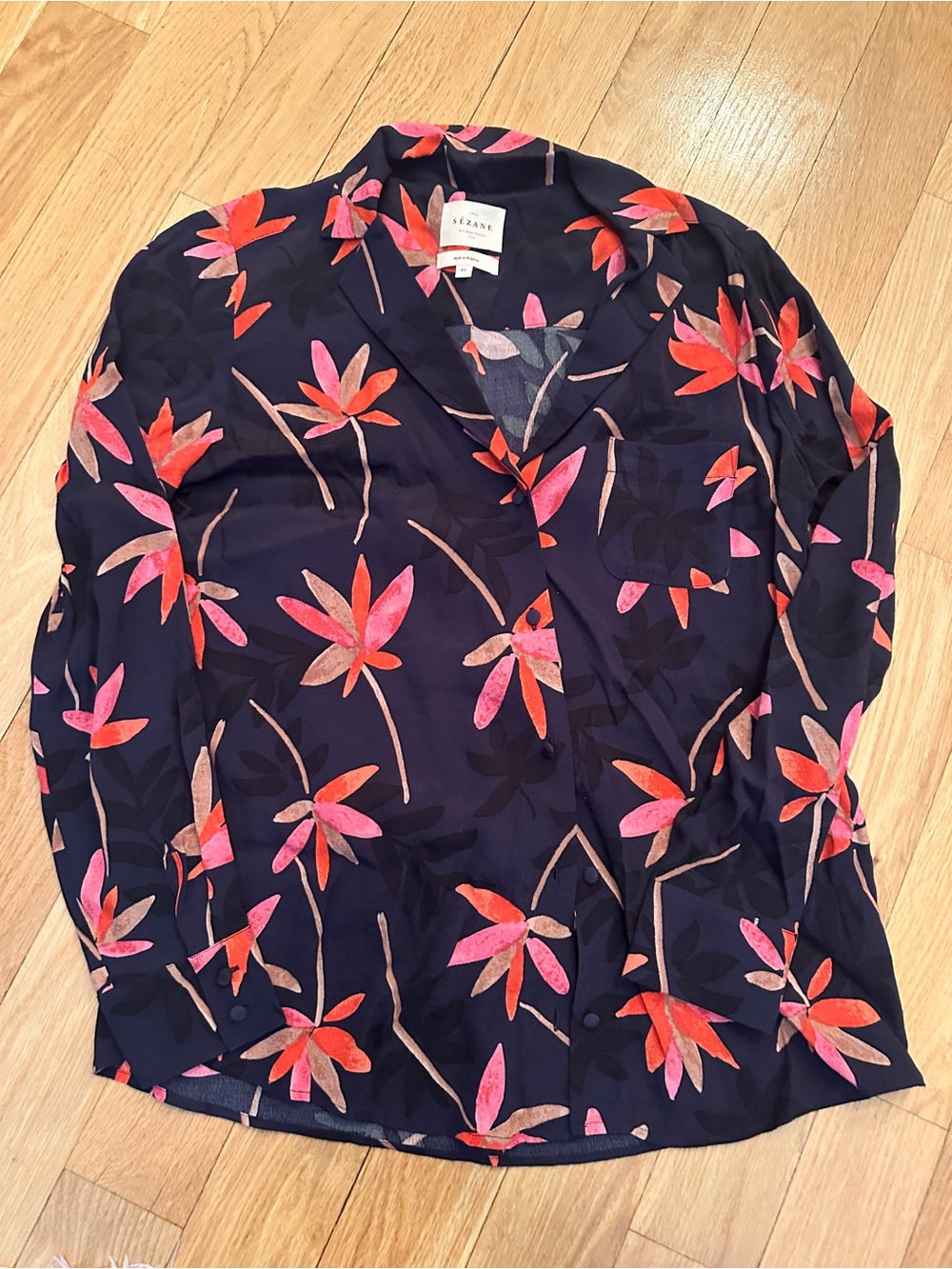 Sezane Navy Floral Button-Front Blouse Size 40